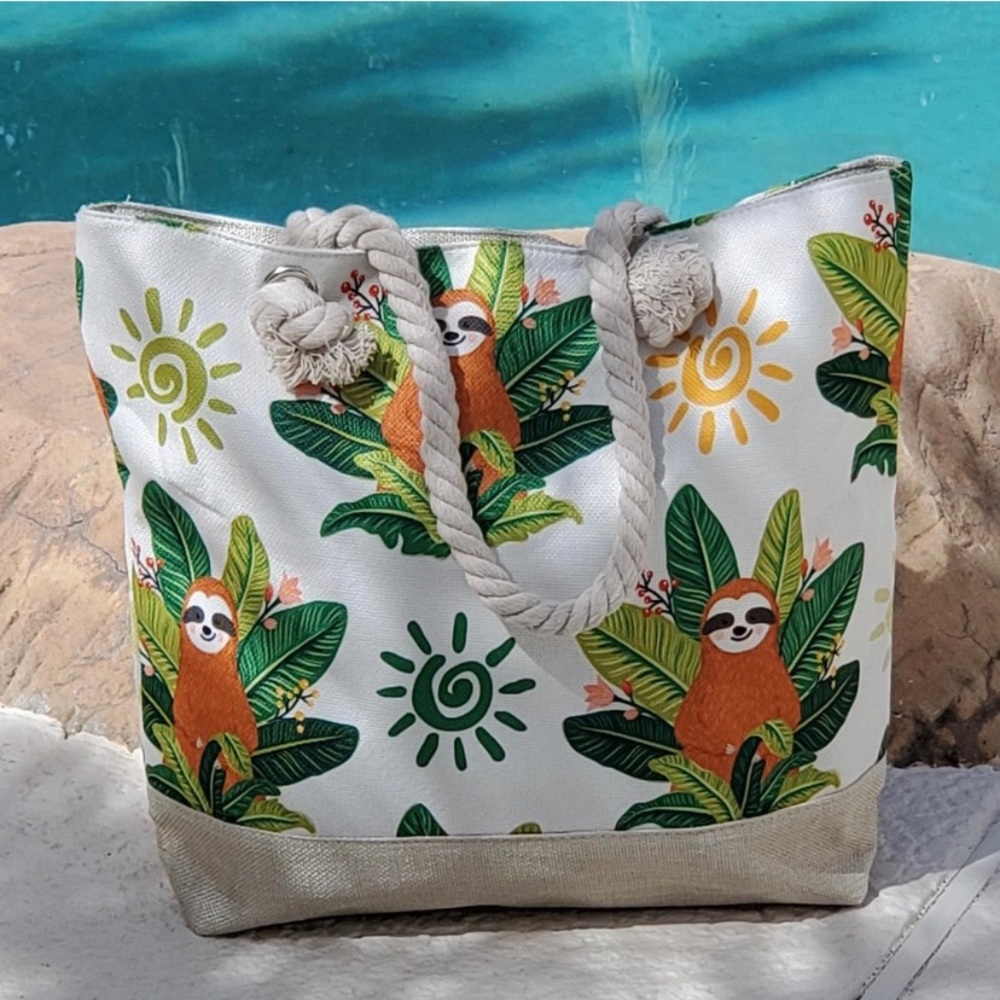 LAST ONE Sloth Canvas Beach Bag Tote W/ Handles - Picture 2 of 2